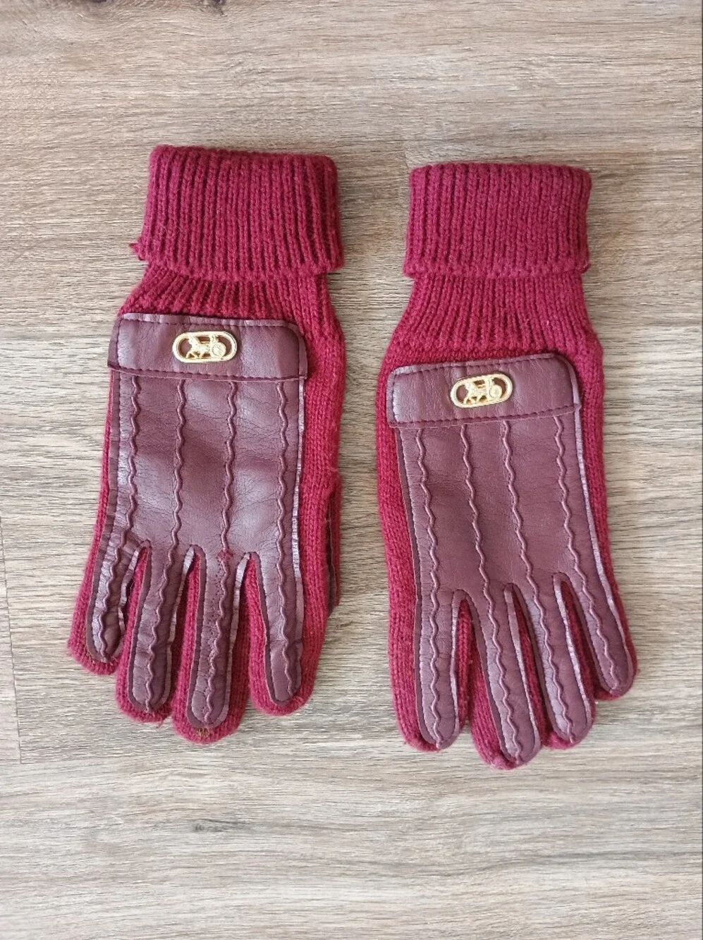 Coach Burgundy Leather & Knit Gloves with Gold Accent